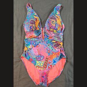Pink Paisley One Piece Swimsuit w/ Cutout, Ruching, Deep V Neck sz 14 Never Worn